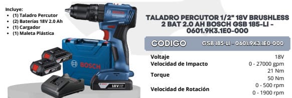 Taladro percutor inalam. gsb 185-li 18v 06019k31e0 bosch